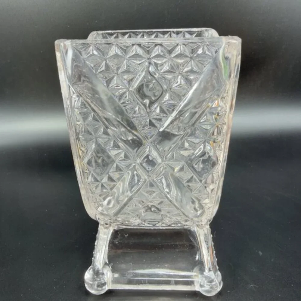 EAPG Adams & Co Clear Crossbar Finecut Footed Clear Vase Manganese 365nm UV Glow